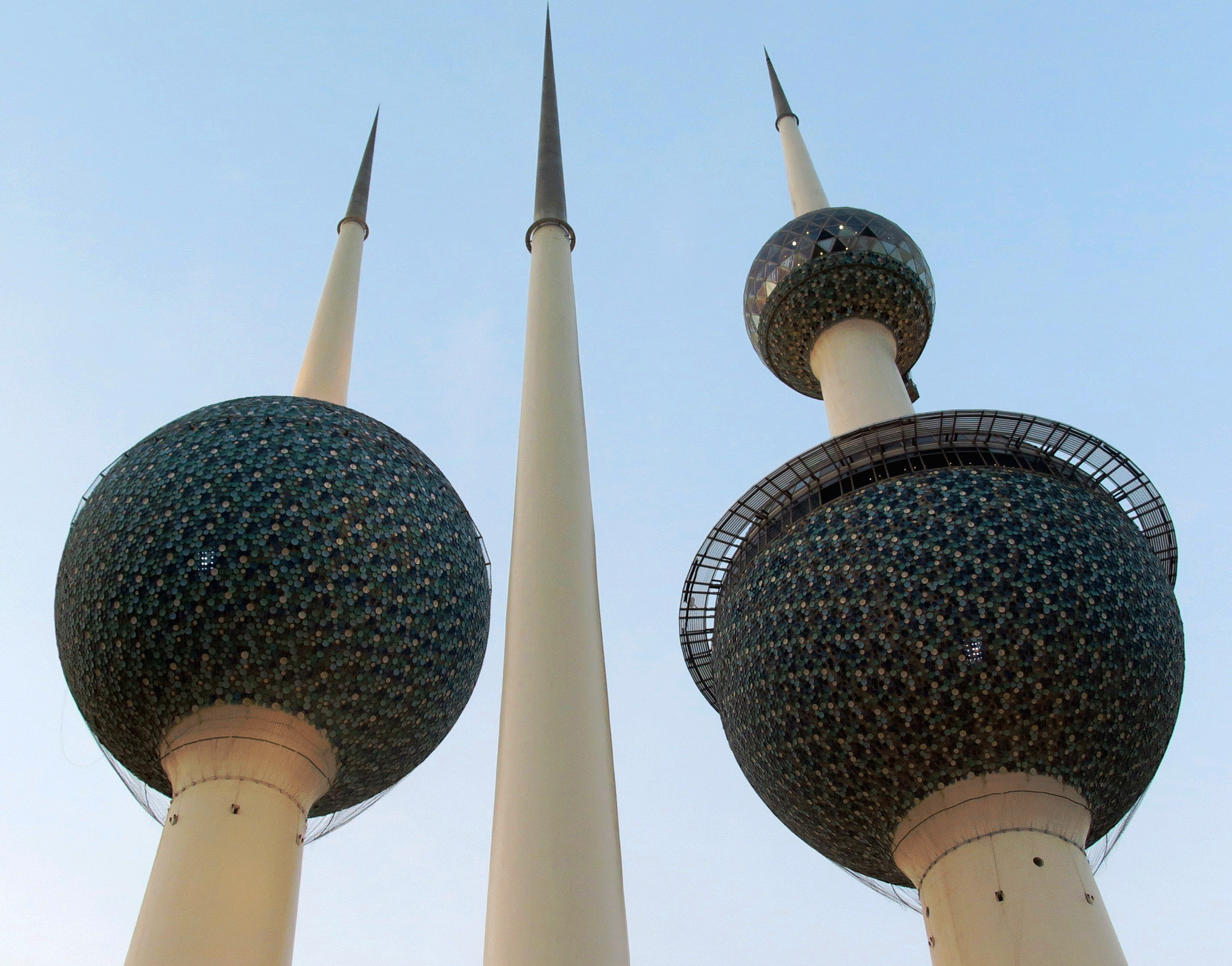 Photograph of three of the Kuwait Water Towers looking skyward.