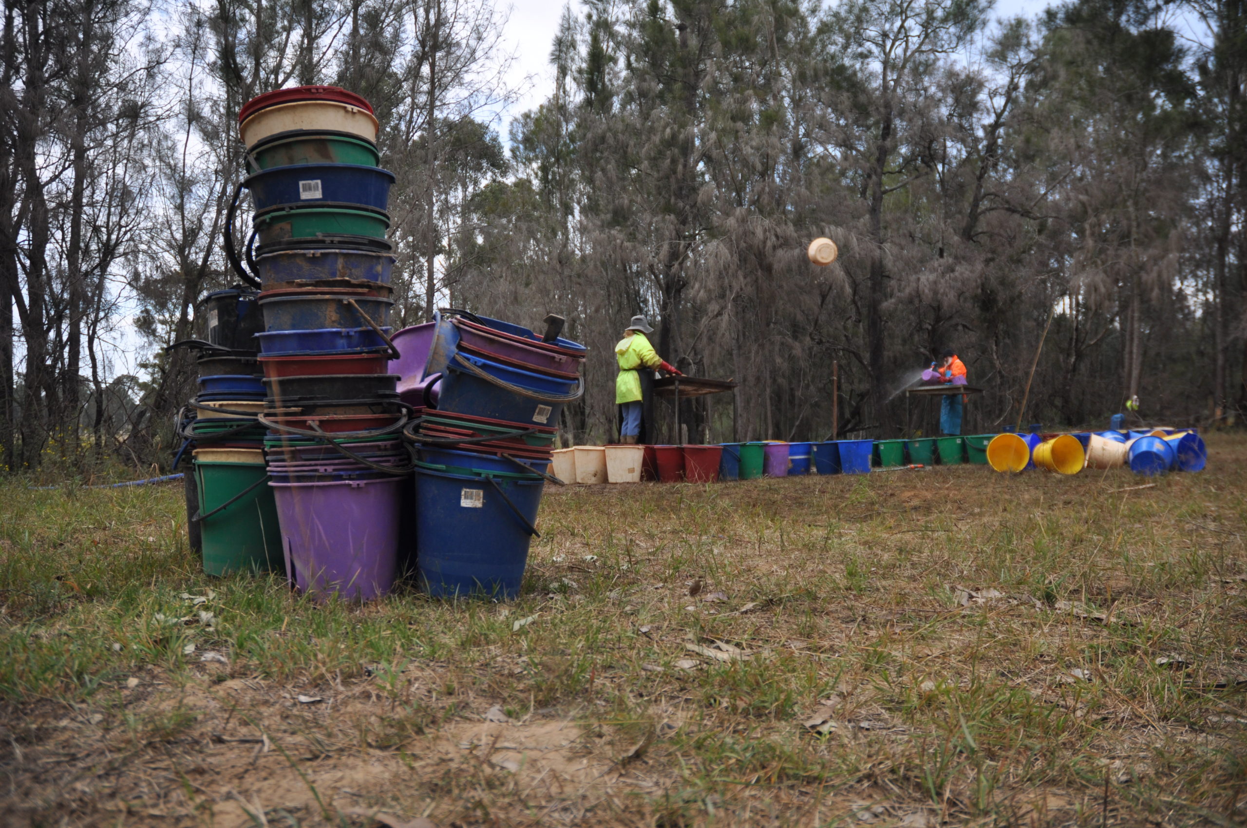 Buckets of excavated soil