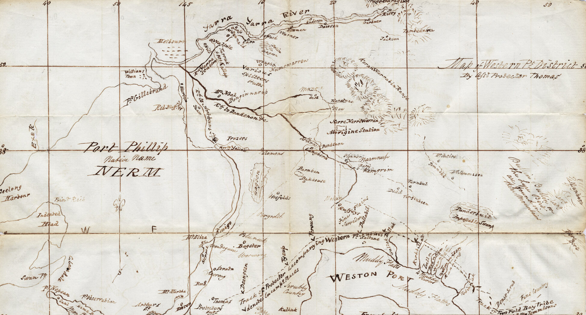 William Thomas, Map of Port Phillip, 1840, showing ‘Narre Narre Worran, Aborigines Station’. (Source: PROV)